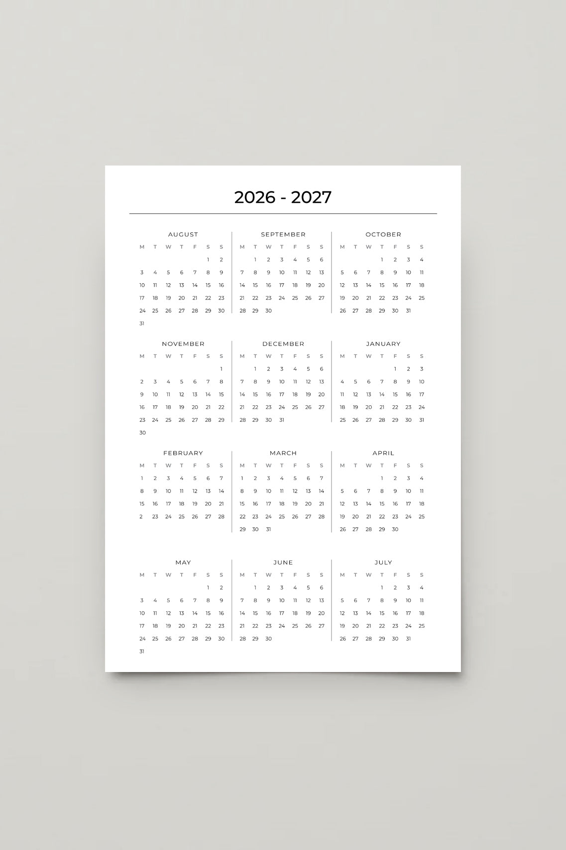 2026/2027 Vellum Calendar Planner Dashboard